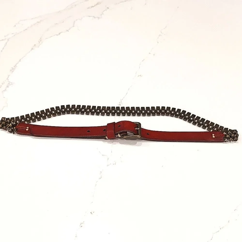 Fossil Brown Leather and Dark Brass Linked Metal Belt